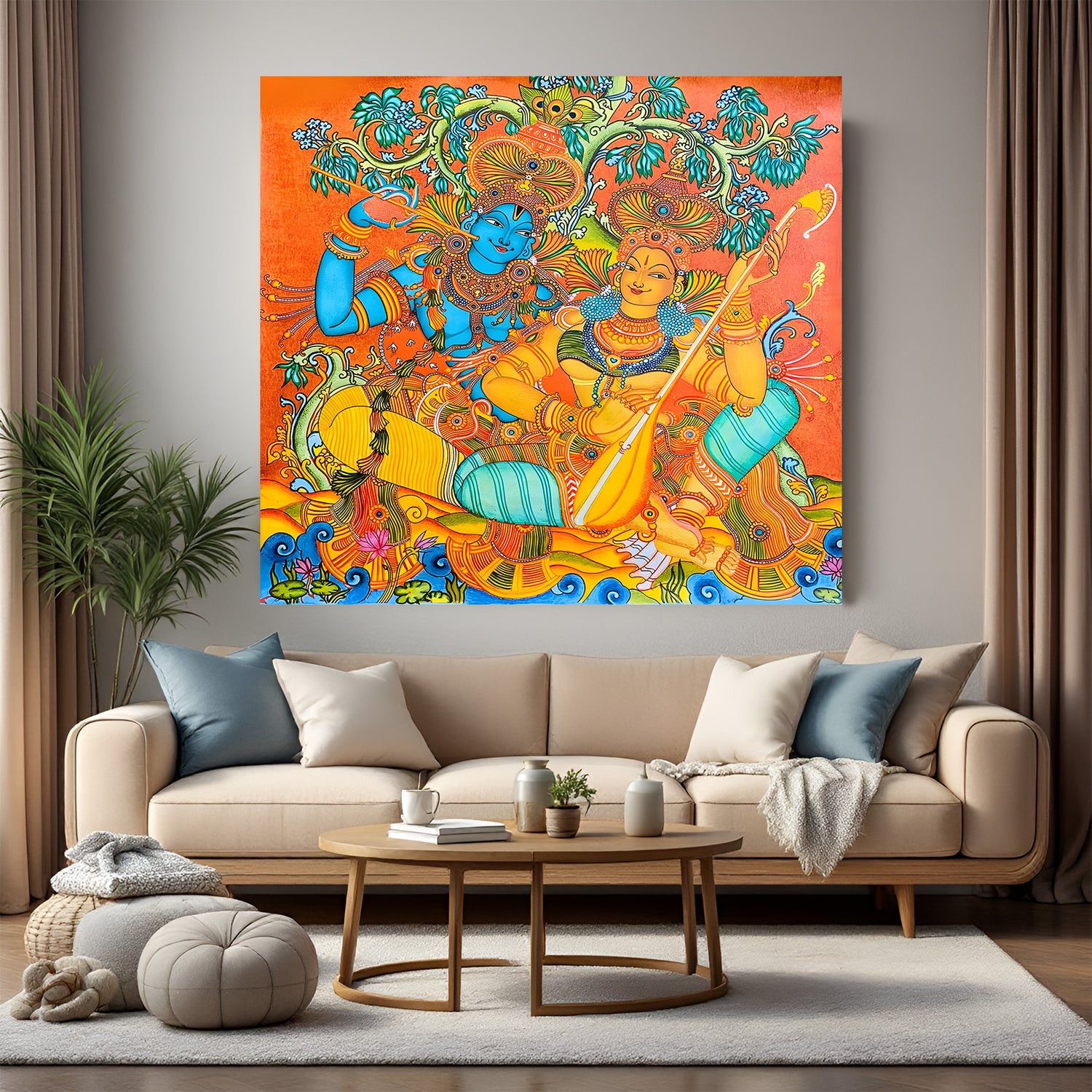 Vibrant Radha Krishna Kerala mural canvas wall art in premium canvas wrapped frame with colorful traditional detailing