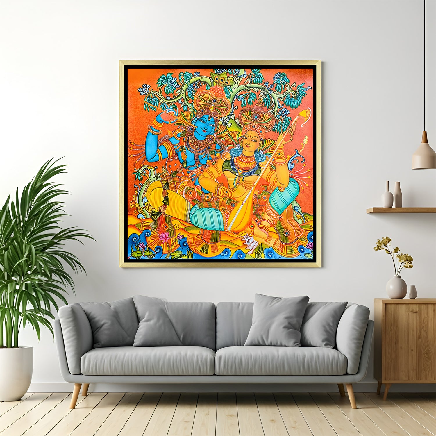 Luxury vibrant Radha Krishna Kerala mural artwork in golden floater frame with intricate traditional Indian design