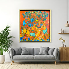 Luxury vibrant Radha Krishna Kerala mural artwork in golden floater frame with intricate traditional Indian design