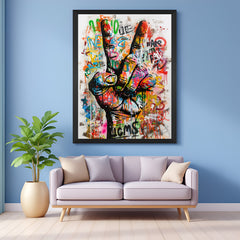 Black-framed modern canvas featuring altered art of a victory hand sign with bold textures—ideal for contemporary spaces, creative offices, or artistic walls