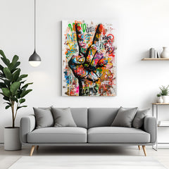 Altered modern art canvas showing the victory hand gesture in a bold, painted style with abstract detailing—perfect for expressive and modern home wall decor