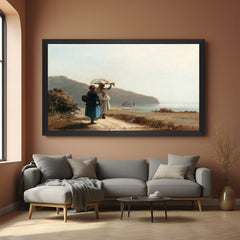 Black-framed vintage village art with traditional man and woman in rustic landscape—aged wall decor