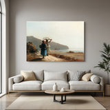 Vintage canvas wall art of rural man and woman near water body—ancient-style village scenery painting