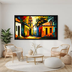 Modern village landscape wall art in elegant black floater frame with contemporary rural artwork design