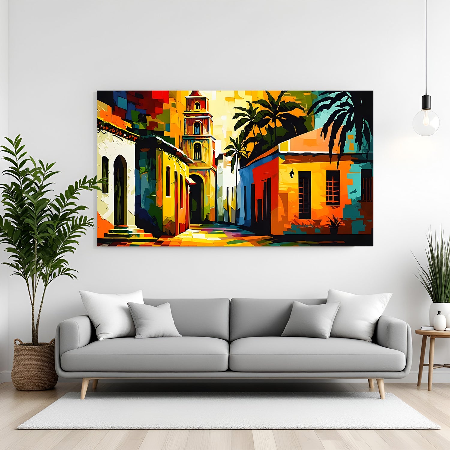 Village modern art canvas wall painting in premium canvas wrapped frame with peaceful rural artistic scenery