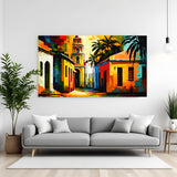 Village modern art canvas wall painting in premium canvas wrapped frame with peaceful rural artistic scenery