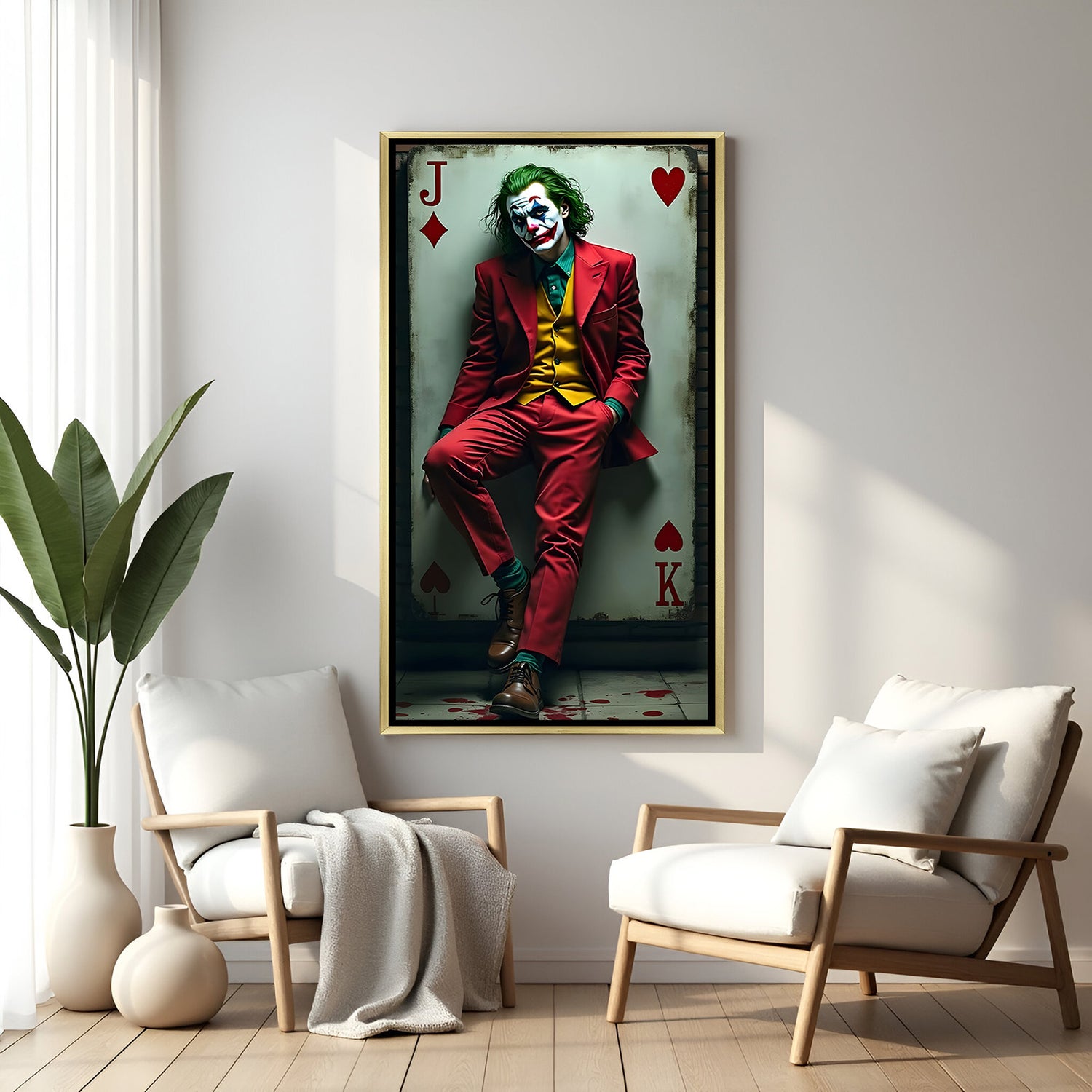 Bold red-suited villain character artwork designed as a dramatic playing card wall décor piece.