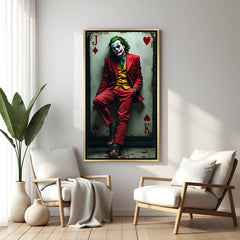 Bold red-suited villain character artwork designed as a dramatic playing card wall décor piece.