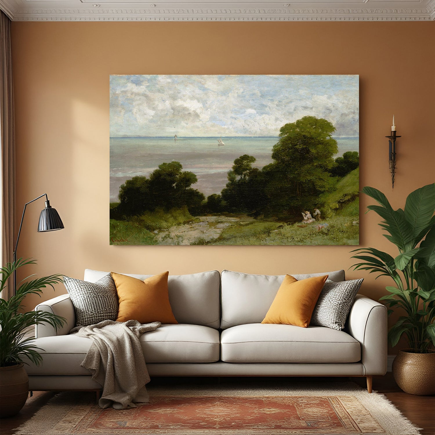 Vintage canvas wall art of beach with greenery and water in antique painted style—aged paper texture for classic decor