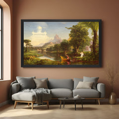 Black-framed vintage boat and nature canvas—ancient-style painting for rustic interiors