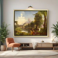 Golden-framed canvas of man in boat surrounded by nature—vintage wall painting with classic charm