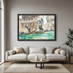 Black-framed canvas printed wall art of traditional boats with boatmen and passengers—vintage European-style setting