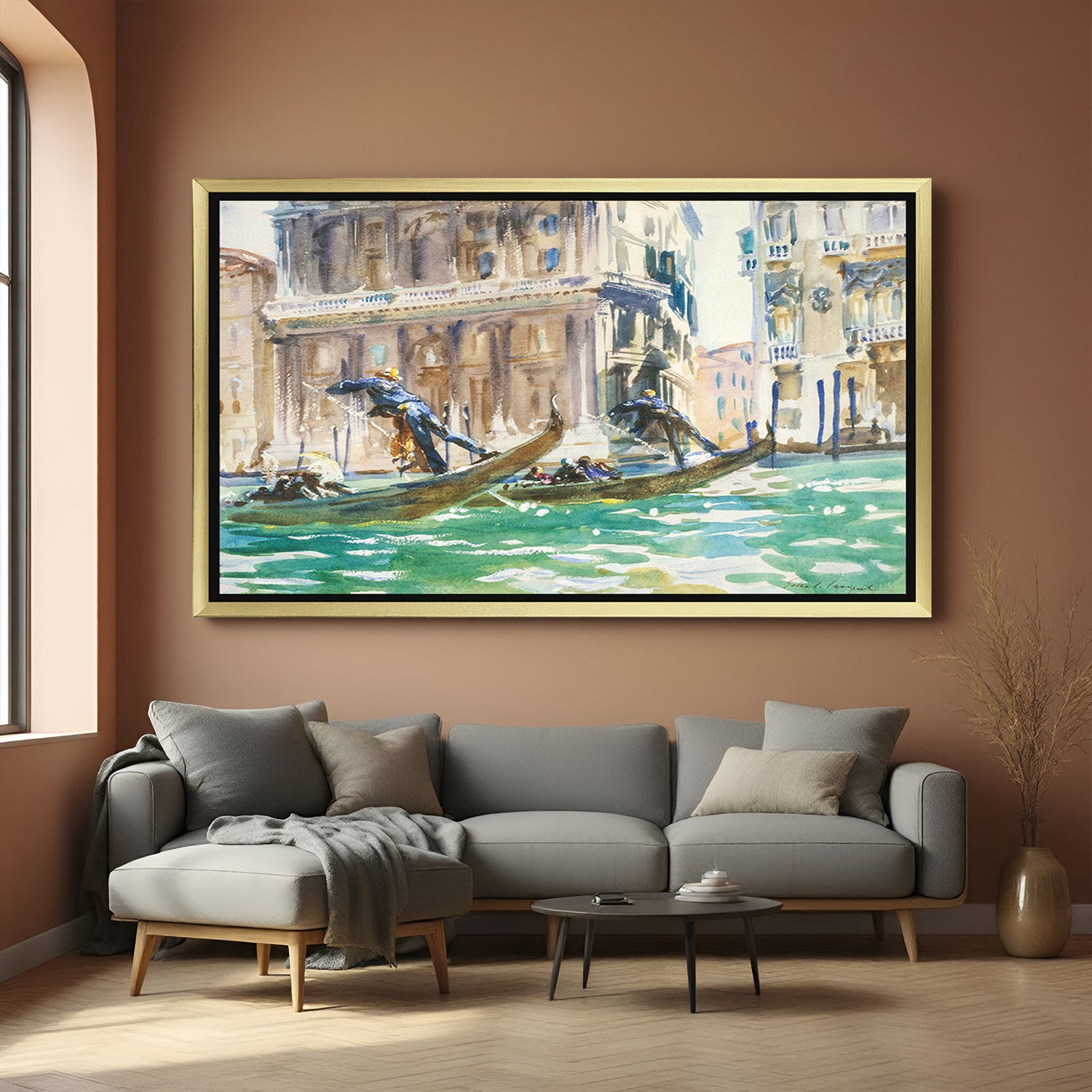 Golden-framed ancient-style canvas of boats and buildings in old Europe—vintage wall art full of culture and charm