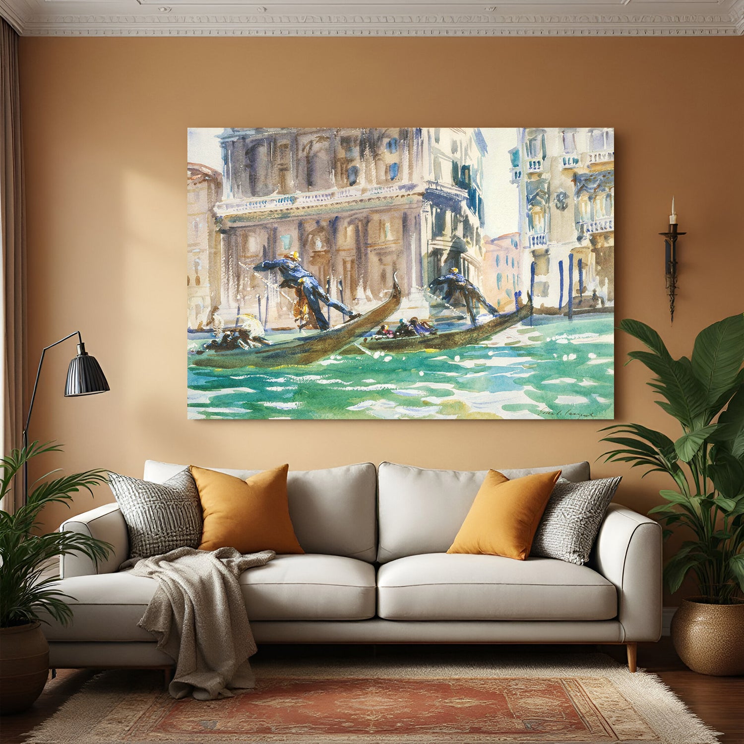 Vintage canvas art of two boats with passengers near European buildings—ancient-style scenic wall decor