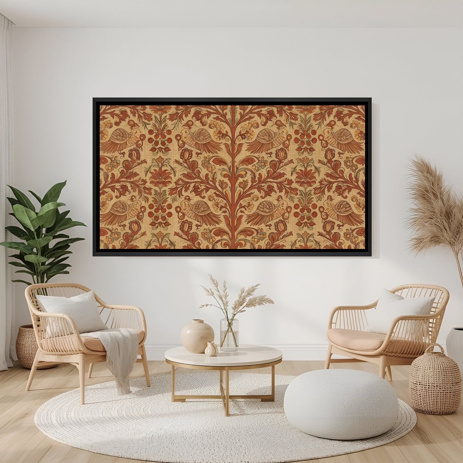Vintage Kalamkari floral bird wall painting in elegant black floater frame for modern interiors