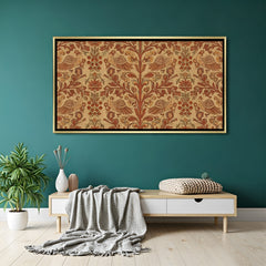 Luxury vintage floral bird Kalamkari artwork in golden floater frame with traditional botanical design