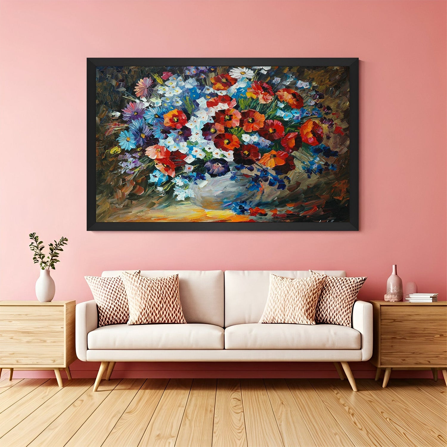 Framed canvas artwork of a flower pot with antique aesthetic and soft florals, with a black floater frame for an elegant vintage look