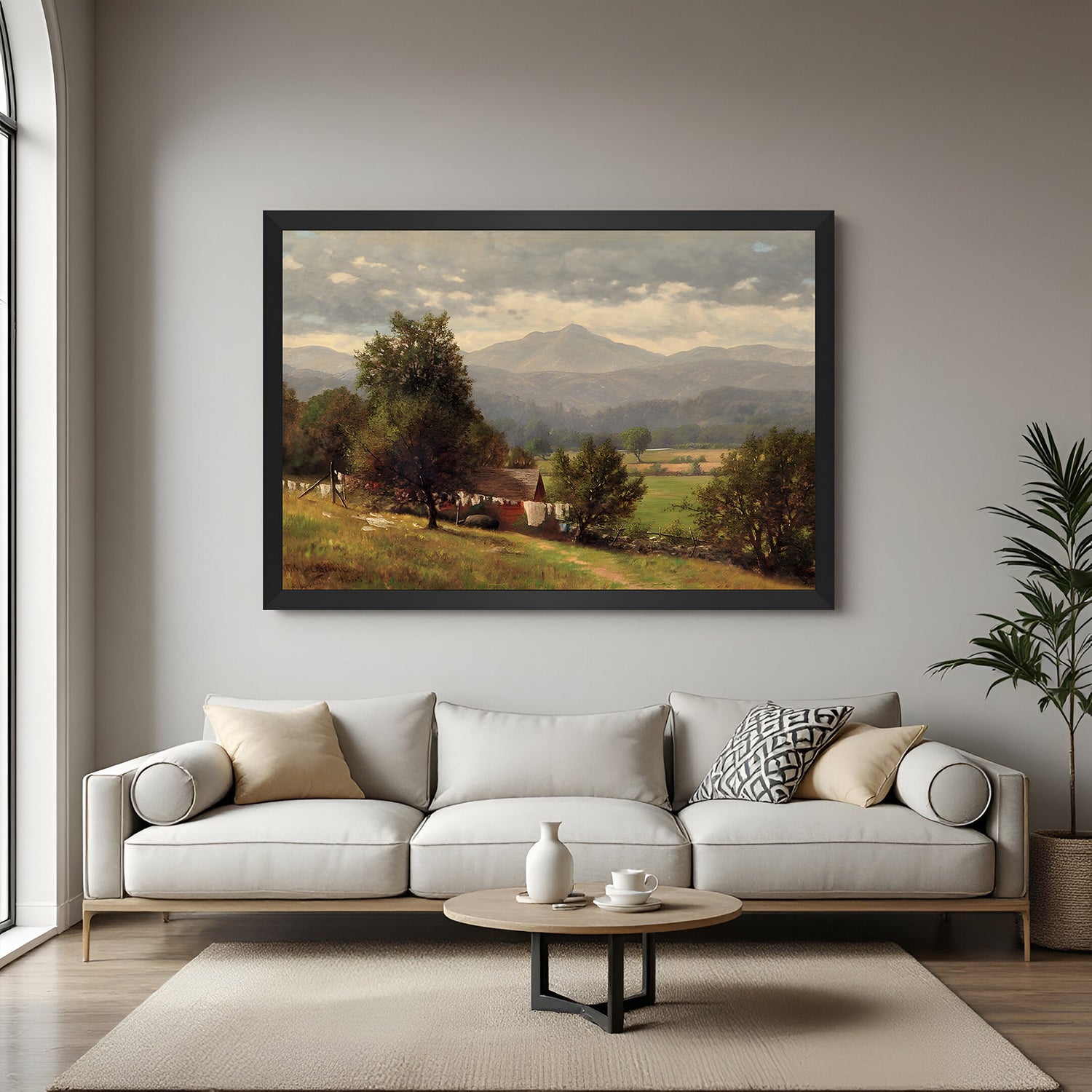 Black-framed vintage landscape canvas with mountain view, lush greenery, and rolling hills