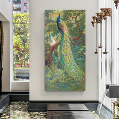 Vintage style peacock canvas painting for Vastu home decor and spiritual wall art