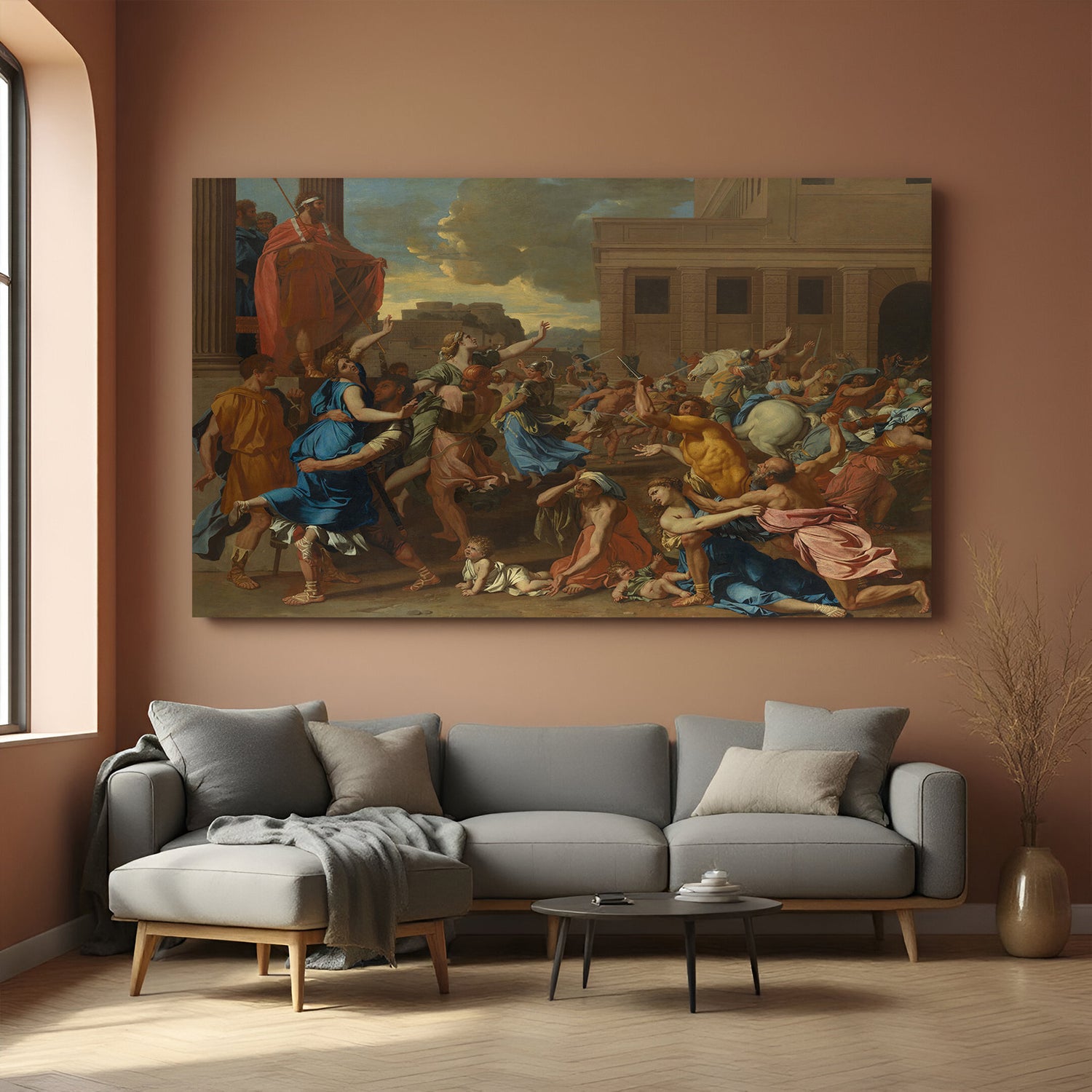 Vintage historical painting of the Sabine Women conflict—ancient Roman wall art with dramatic classical imagery