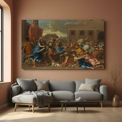 Vintage historical painting of the Sabine Women conflict—ancient Roman wall art with dramatic classical imagery