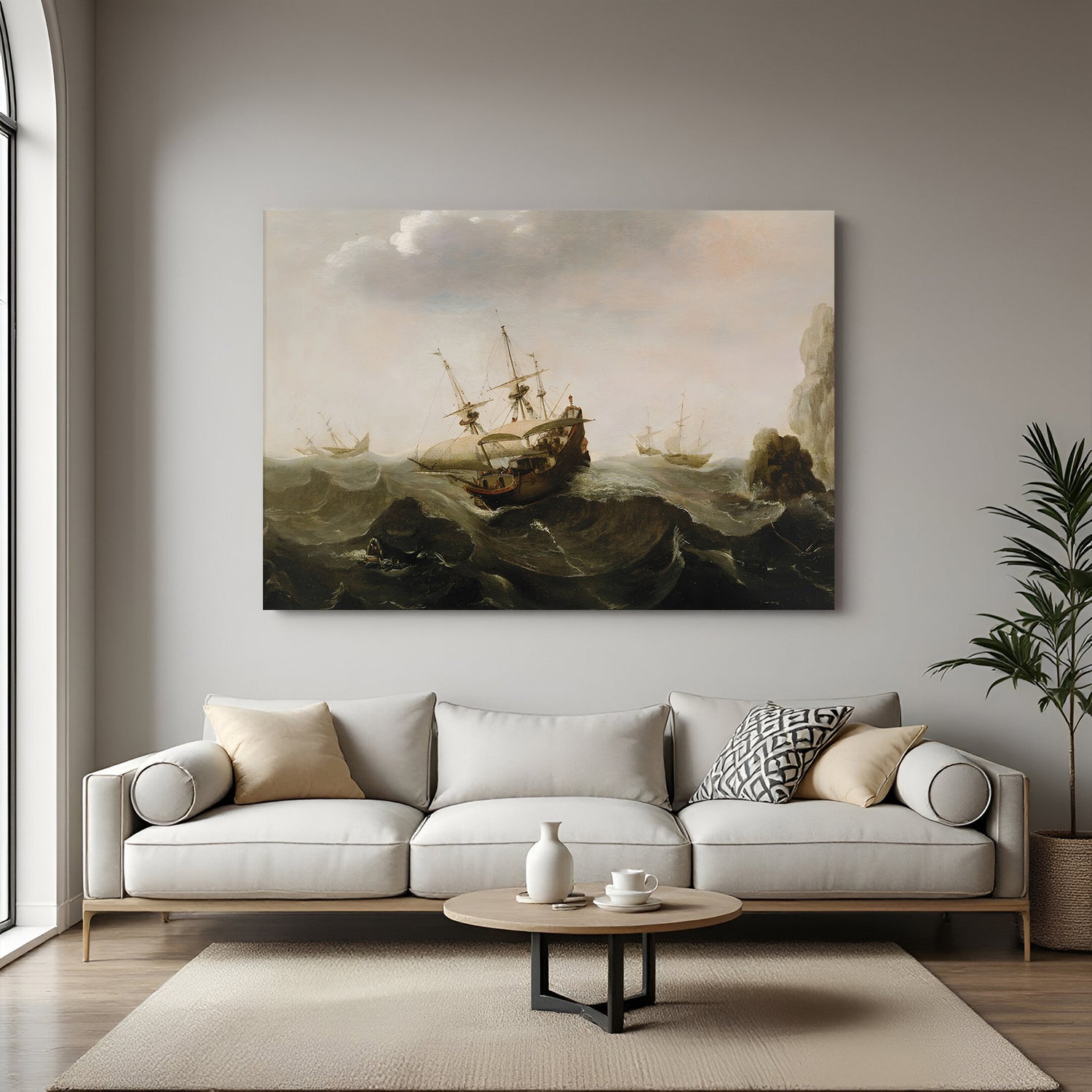 Vintage canvas wall art of ship battling stormy waves with vessels in background—classic sea decor