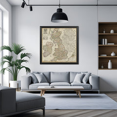 Black-framed canvas printed wall art of vintage time map—antique-style historical wall decor for offices and libraries