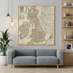 Vintage canvas wall art of ancient time map with compass, aged tones, and celestial designs—classic vintage wall decor for intellectual interiors