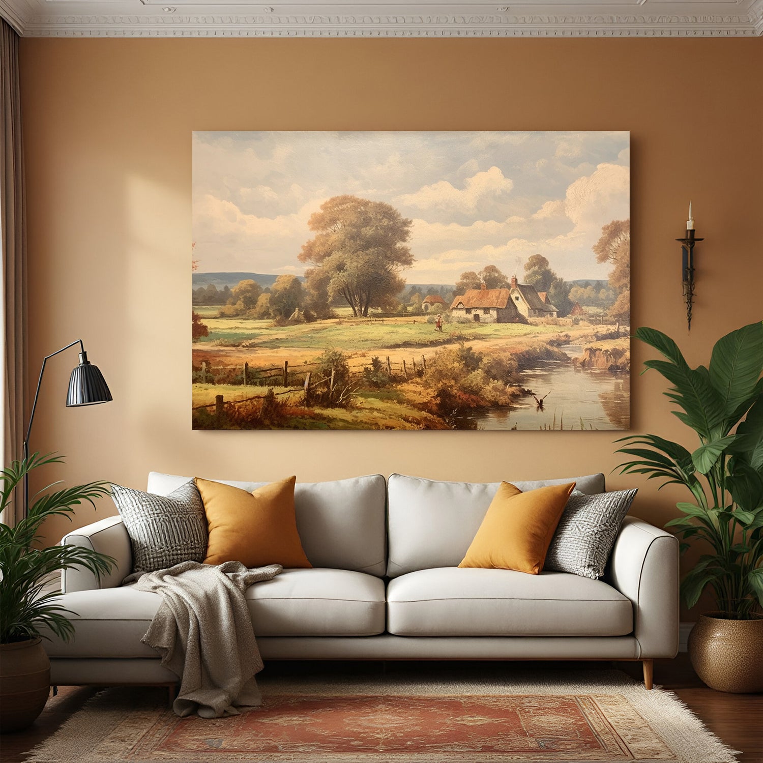 Vintage large canvas wall art of river, wooden fence, house, and greenery—peaceful village landscape scene