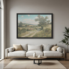 Black-framed canvas of vintage village painting—rustic wall art with earthy tones and countryside charm