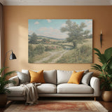 Vintage canvas wall art of a peaceful countryside village—classic rural landscape with traditional homes and nature