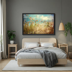 Framed canvas of antique-style wildflowers with black floater frame, ideal for classic and nature-inspired wall decor
