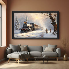 Black-framed vintage canvas art of winter train—ancient-style wall art for rustic and warm home interiors