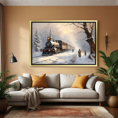Golden-framed canvas printed wall art showing a vintage train in snow—ideal winter wall decor in ancient painting style