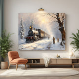 Vintage winter train canvas with snow-covered scene in ancient-style art—canvas printed wall art for classic seasonal decor