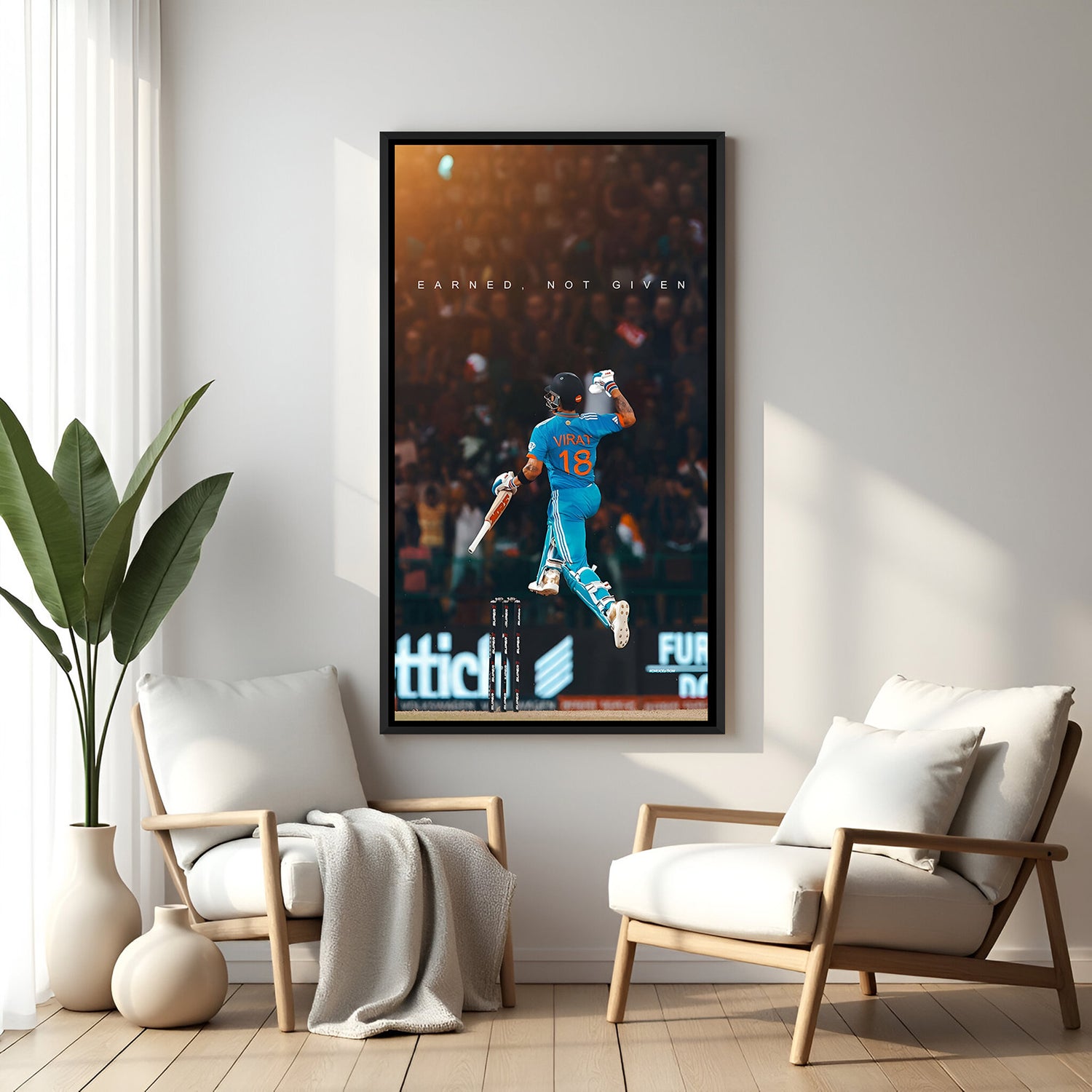 Virat Kohli motivational artwork in black footer frame with Earned Not Given text in sky background