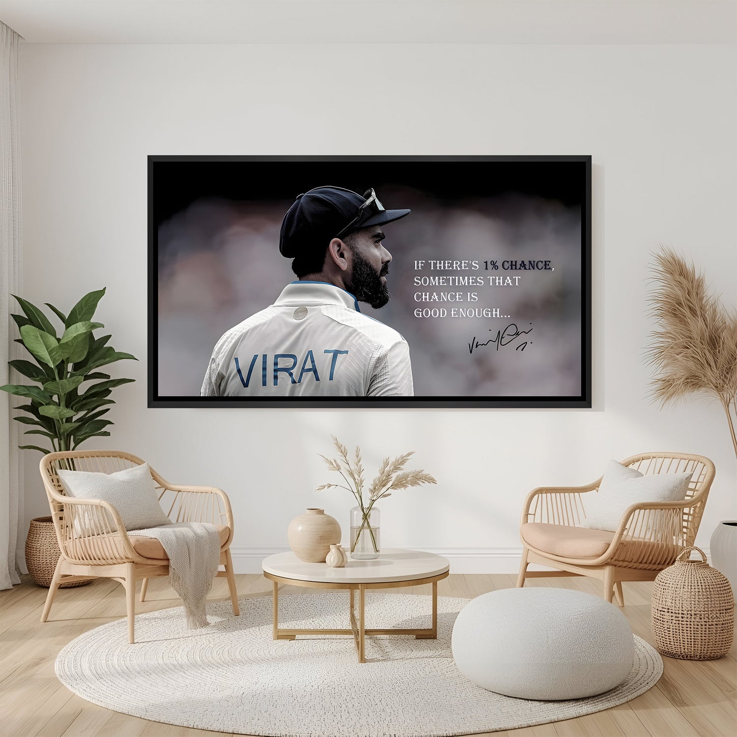 Virat Kohli inspirational cricket wall art in black floater frame modern motivational sports canvas