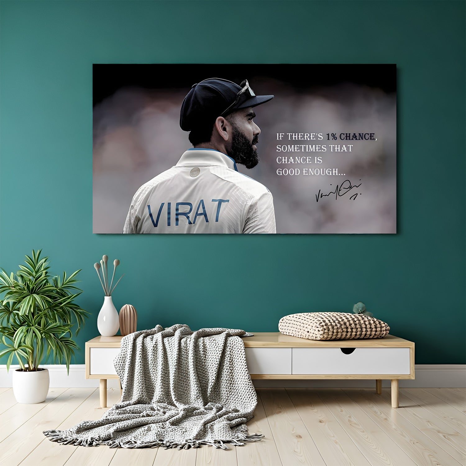 Virat Kohli cricket motivation canvas wall art standing with inspirational 1 percent chance quote sports decor
