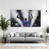 Canvas wall art of Virat Kohli from back, arms wide open with helmet & bat, quote: Break The Matrix
