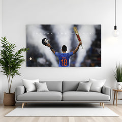 Canvas wall art of Virat Kohli from back, arms wide open with helmet & bat, quote: Break The Matrix