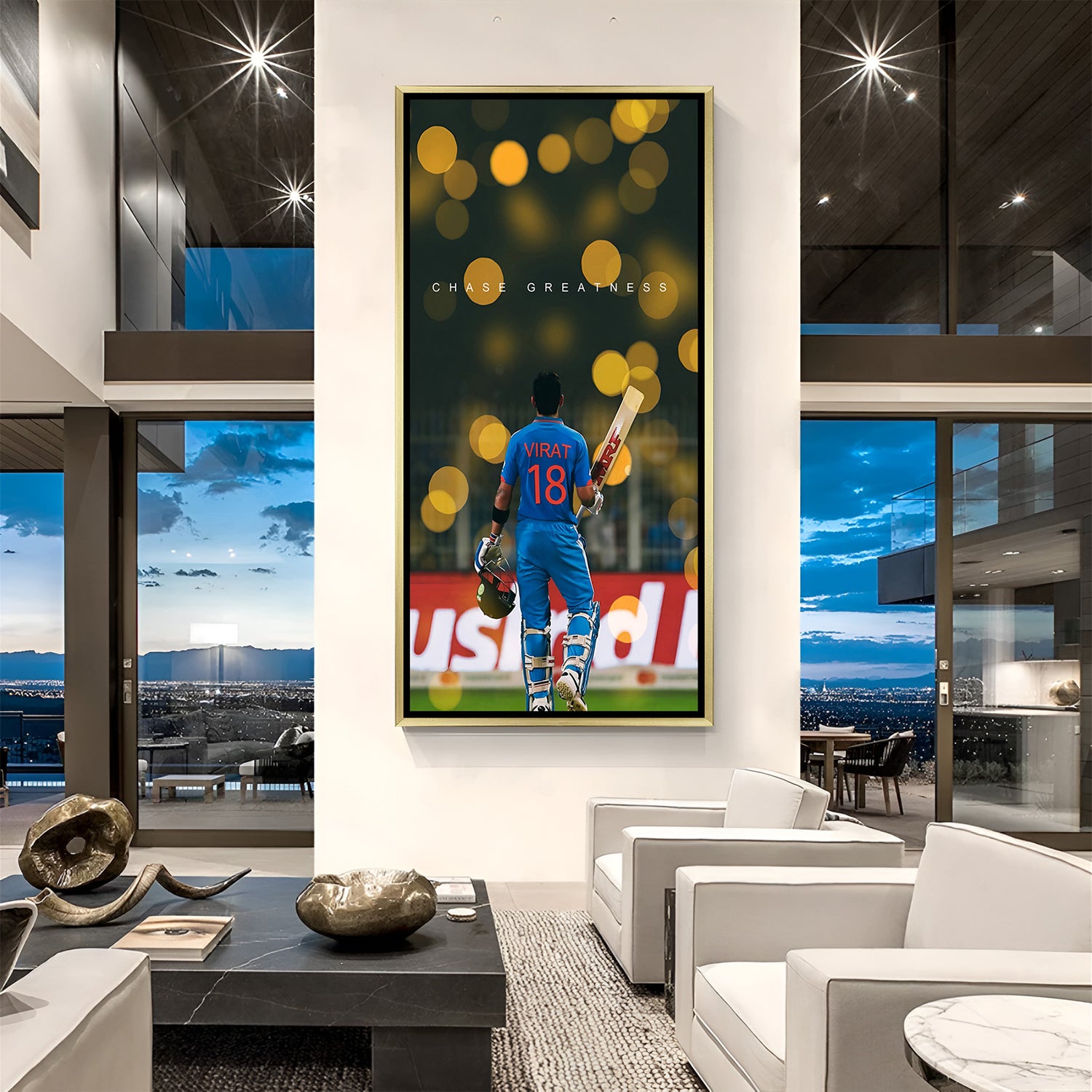 Virat Kohli artwork in golden footer frame with cricket stadium and motivational quote Chase Greatness