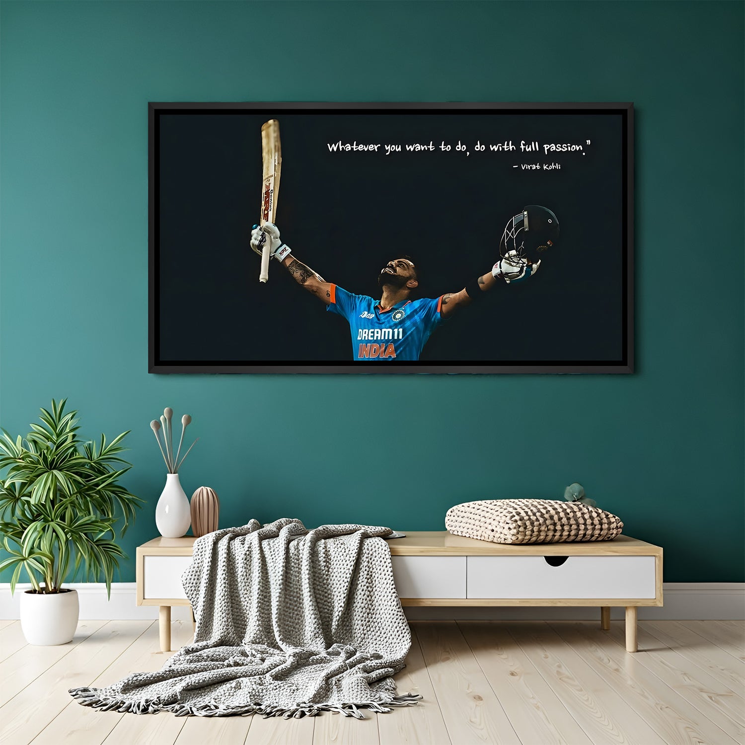 Inspirational Virat Kohli cricket wall art in black floater frame modern sports motivational decor