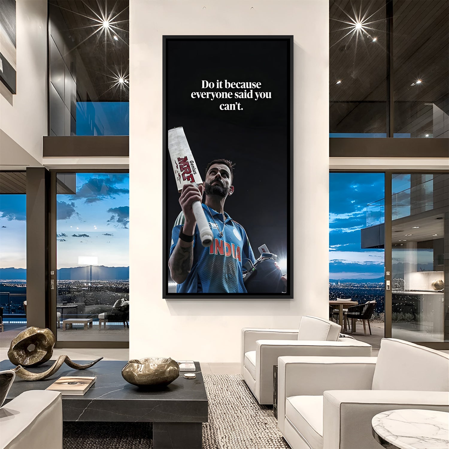Virat Kohli inspirational cricket wall art in black floater frame modern motivational sports canvas decor