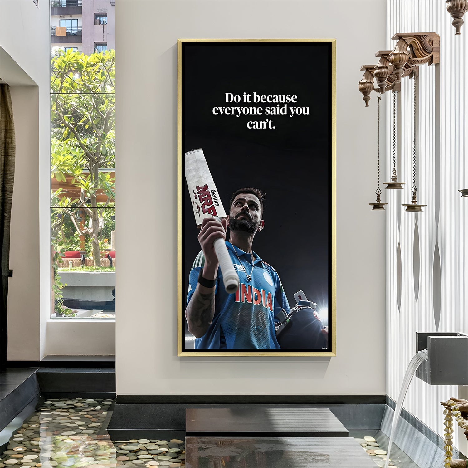 Virat Kohli motivational quote artwork in golden floater frame premium cricket wall painting decor