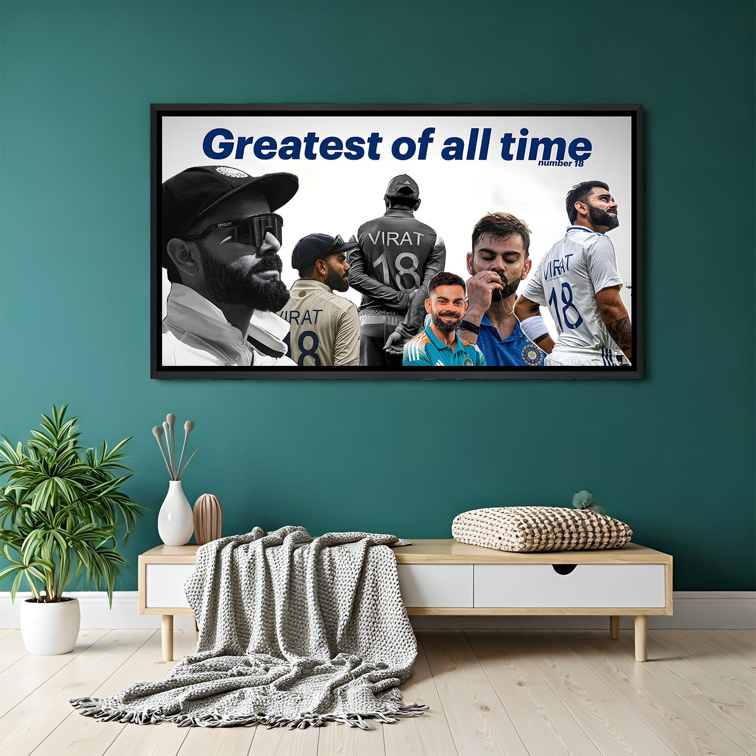 Virat Kohli GOAT motivational cricket wall art in black floater frame premium sports canvas decor