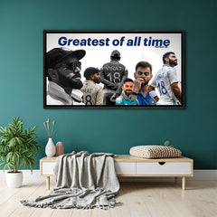 Virat Kohli GOAT motivational cricket wall art in black floater frame premium sports canvas decor