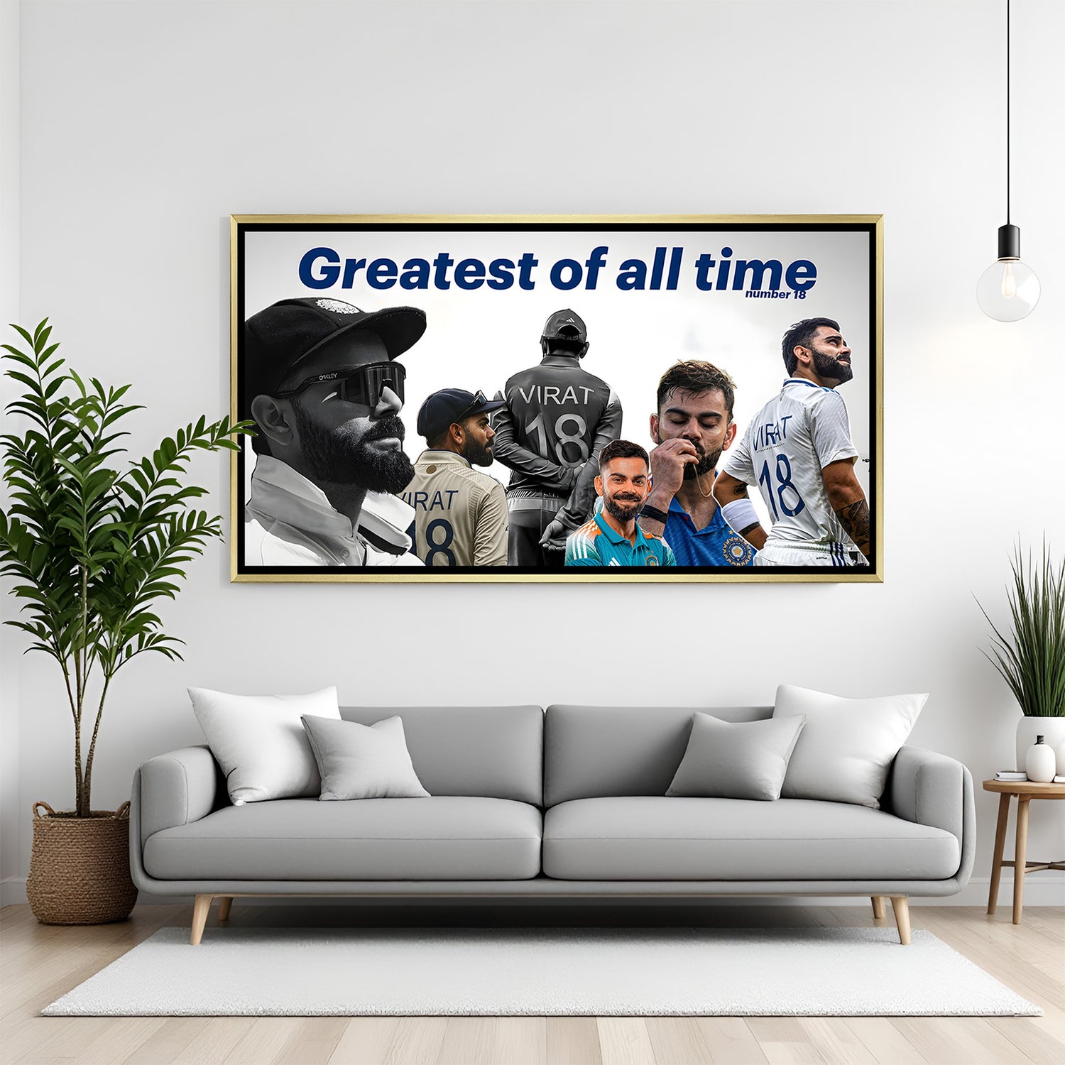 Virat Kohli GOAT inspirational cricket artwork in luxury golden floater frame modern sports wall painting