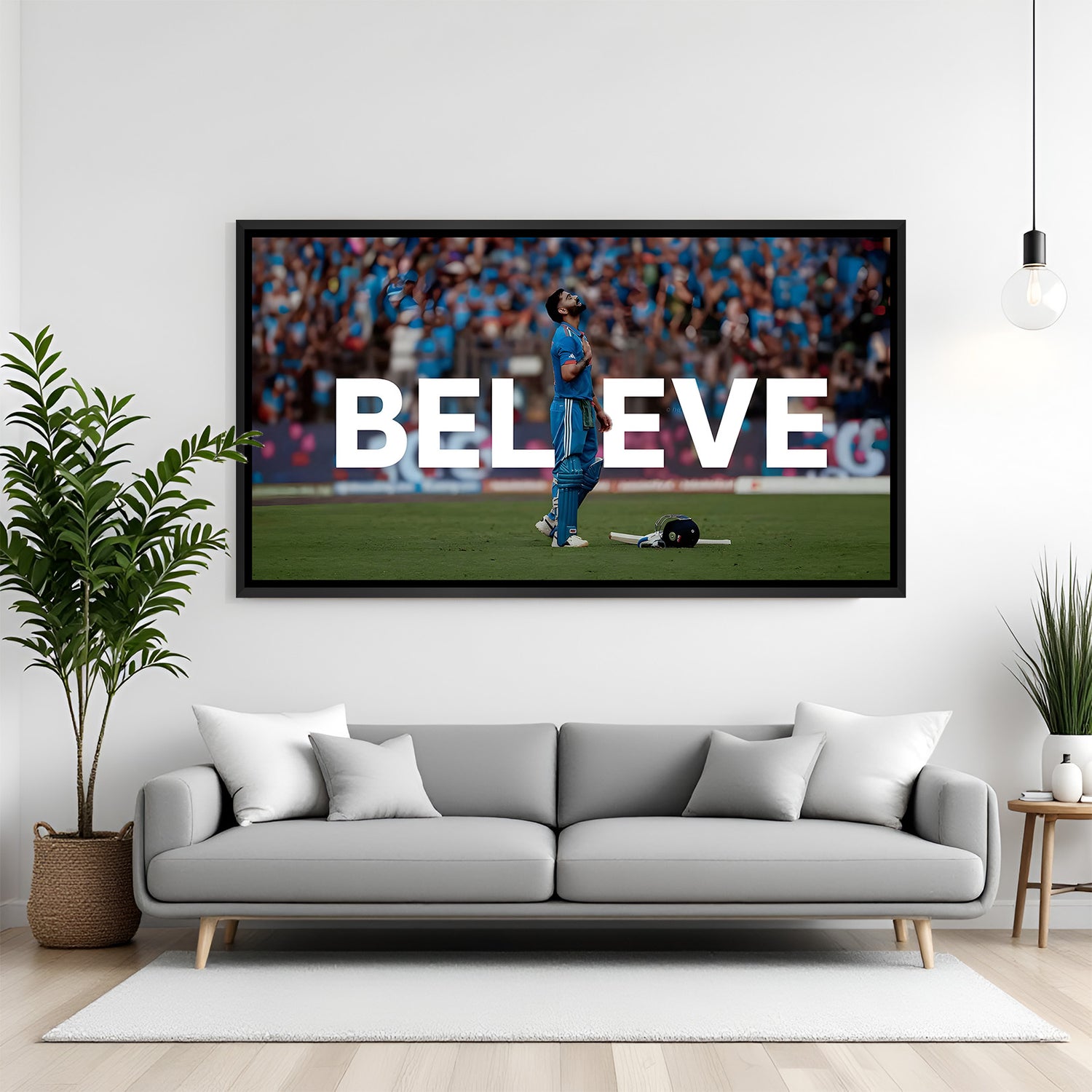 Virat Kohli inspirational prayer moment wall art in black floater frame modern sports canvas decor