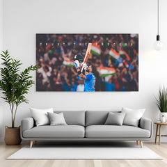 Canvas wall art of Virat Kohli celebrating with bat and helmet raised, quote: “Trust the Process”