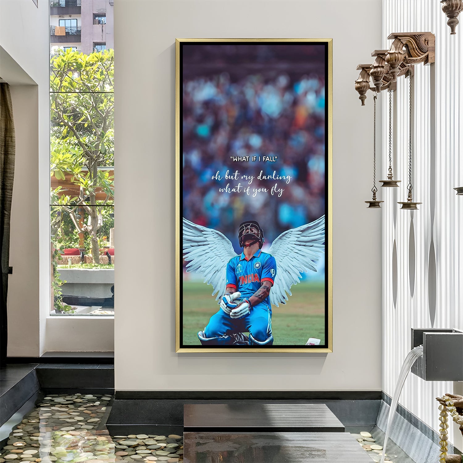 Virat Kohli inspirational cricket wings wall art in golden floater frame premium motivational painting decor